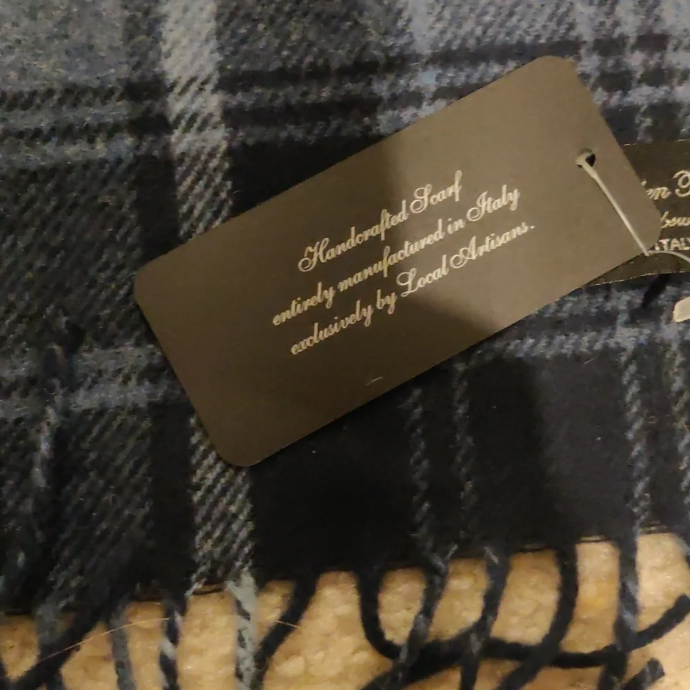 New! Italian Woolen Treasures Men's Blue Plaid 100% Lambwool Scarf Made In Italy